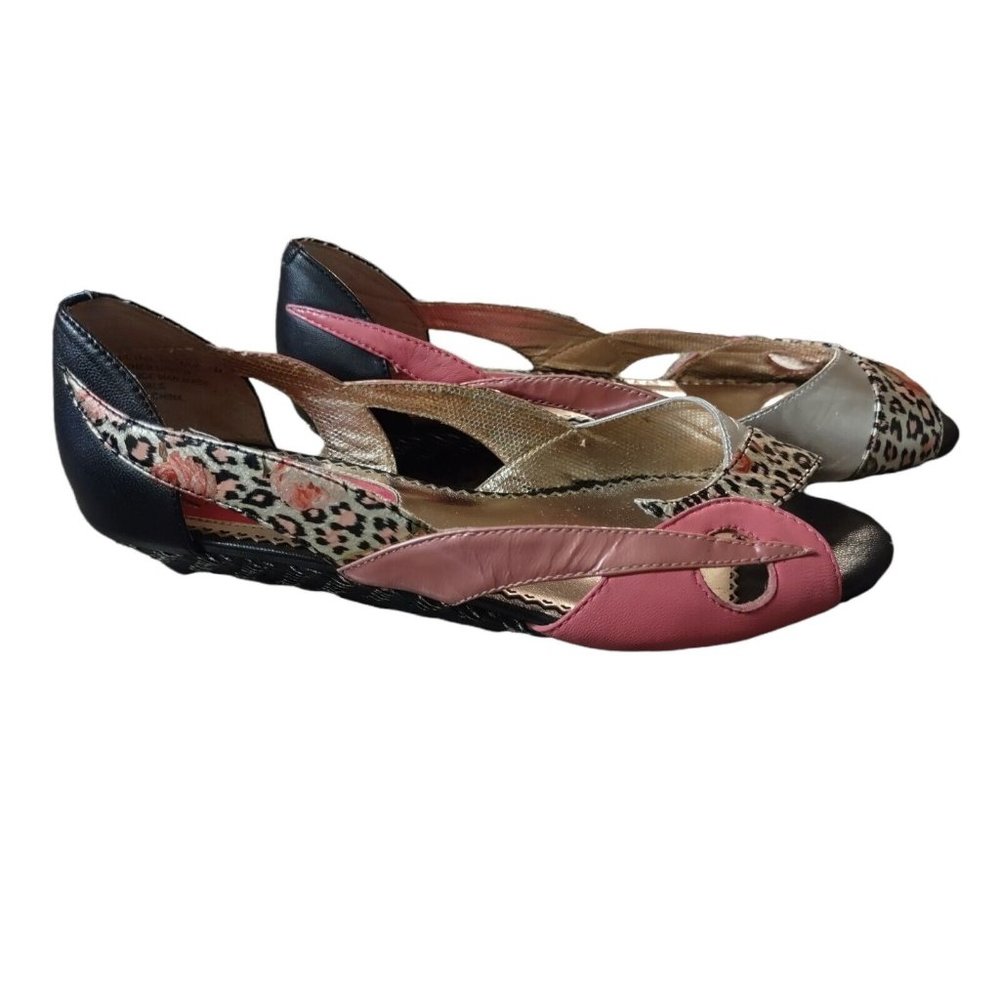 Vintage 80s Poetic License Pink Silver Leather Flats Shoes Peep Toe size 7